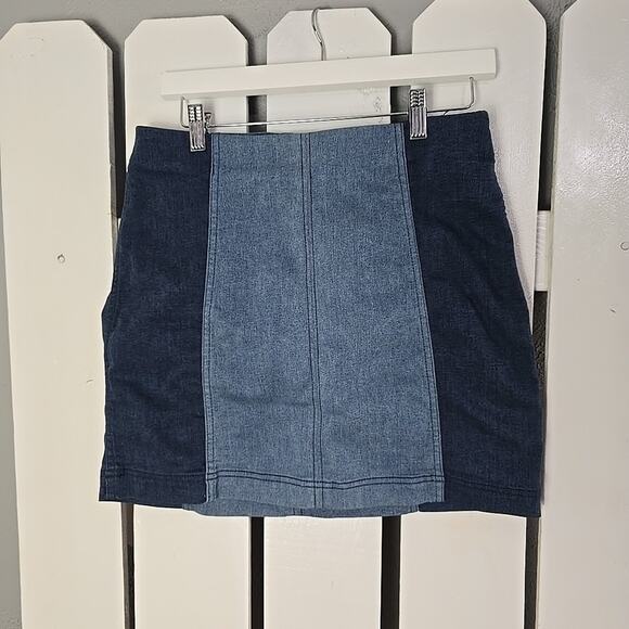 Free People Jean Skirt Women Size 12 Modern Femme Denim Mini Two Tone Stretch - Picture 2 of 11